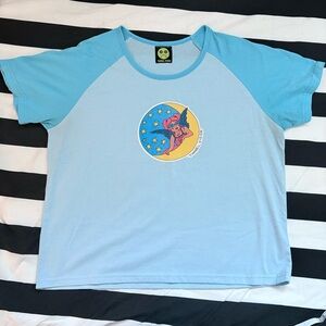 tunnel vision blue baseball style baby tee with cute moon fairy graphic